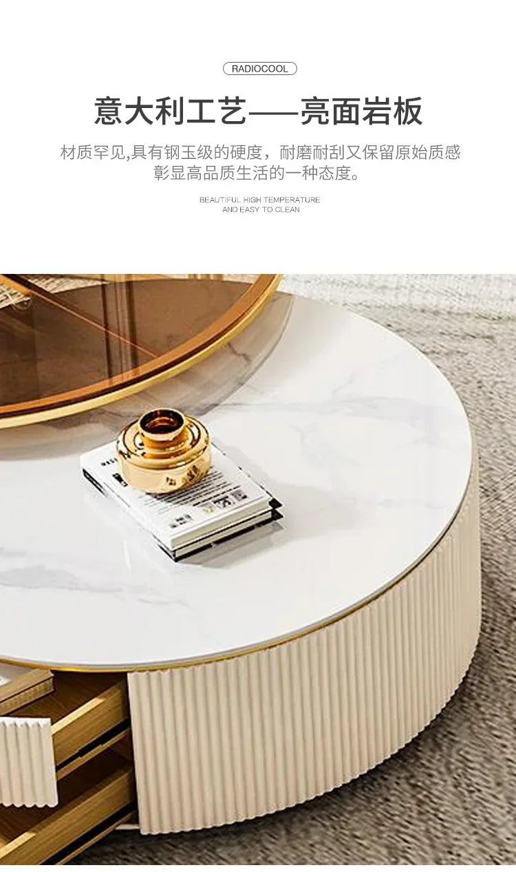 a163  round Glass Stone Plate Coffee Table Modern Minimalist Living Room Home Retractable Size Combination