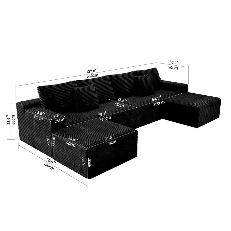 Modular Sectional Sofa, Upholstered Compressed Couch for Living Room, Bedroom, Apartment, No Assembly Required, 4-Piece Free