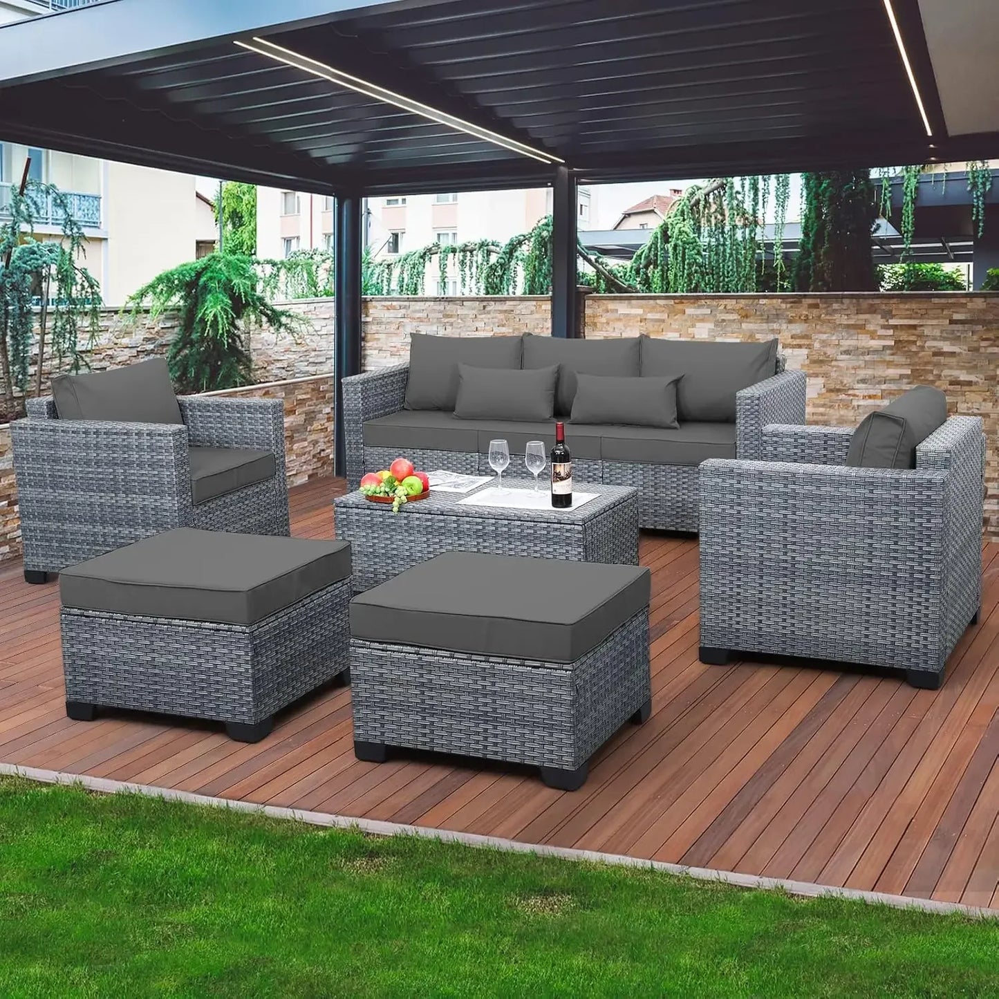 6 Pieces Wicker Patio Furniture Sets  PE Rattan Sectional Sofa Couch Storage Table and Grey Cushions