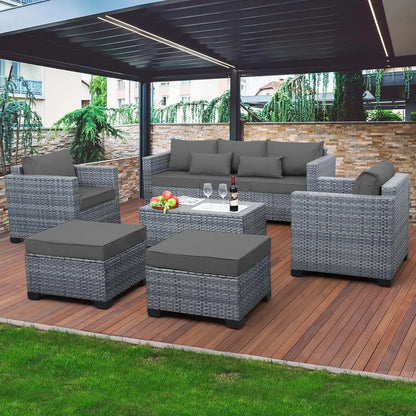 6 Pieces Wicker Patio Furniture Sets  PE Rattan Sectional Sofa Couch Storage Table and Grey Cushions