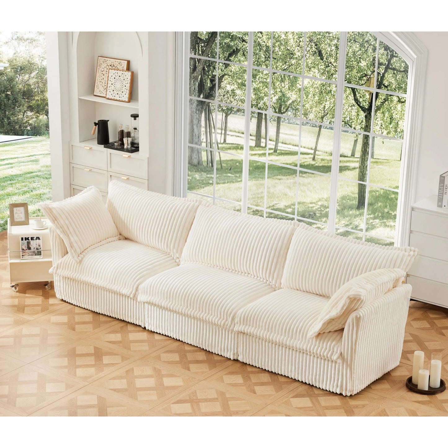 Comfortable modern three seater sofa with soft armrests, deep seated sofa with multiple soft large pillows