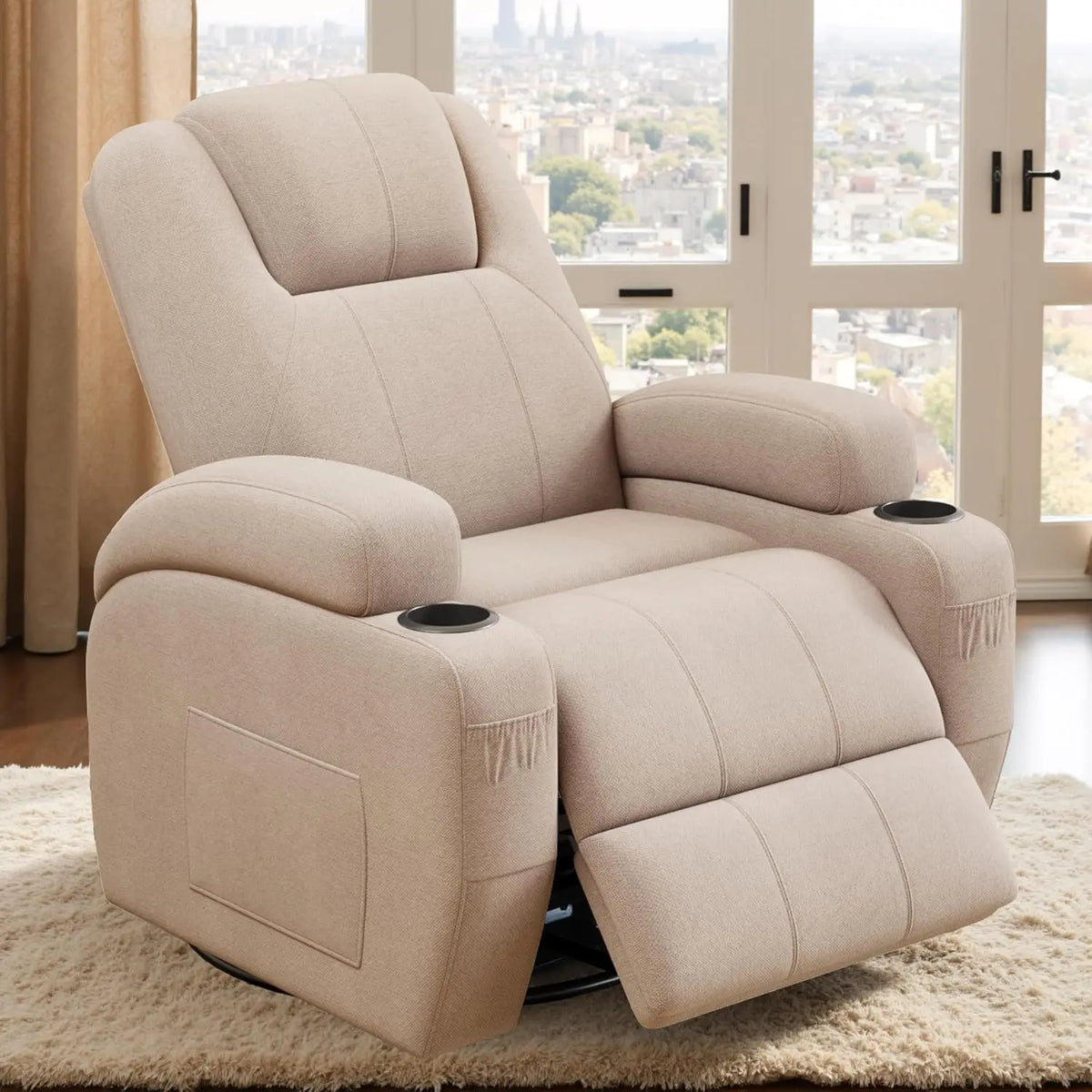 360° Swivel Recliner Chair with Vibration Massage, Ergonomic Lounge Rocker for Adults, Cup Holders & Side Pockets