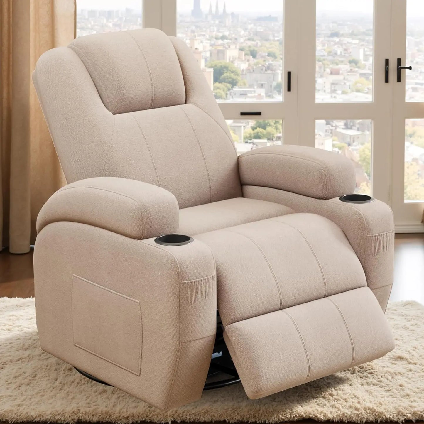 360° Swivel Recliner Chair with Vibration Massage, Ergonomic Lounge Rocker for Adults, Cup Holders & Side Pockets