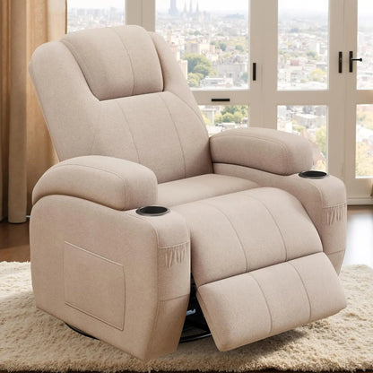 360° Swivel Recliner Chair with Vibration Massage, Ergonomic Lounge Rocker for Adults, Cup Holders & Side Pockets