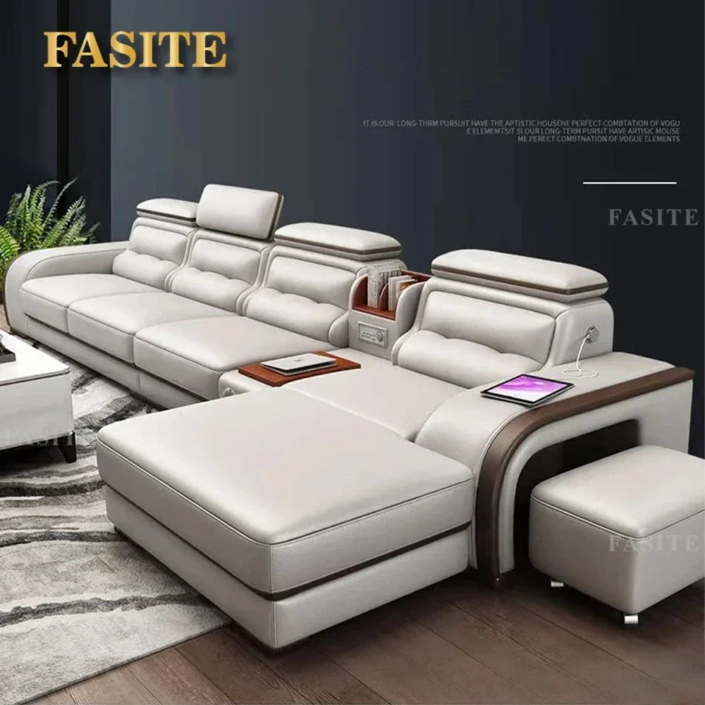 Genuine Leather Sofa With Bluetooth Speaker,USB And Adjustable Headrests - Nordic Italian Couch For Living Room Economically