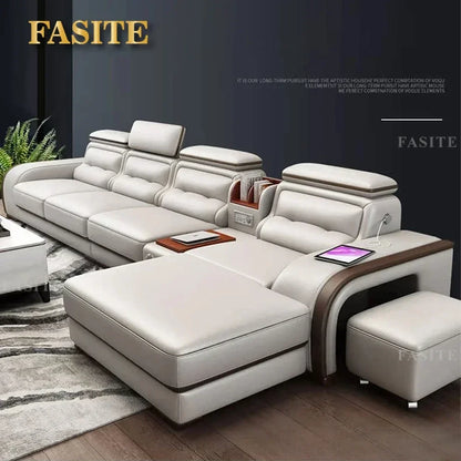 Genuine Leather Sofa With Bluetooth Speaker,USB And Adjustable Headrests - Nordic Italian Couch For Living Room Economically