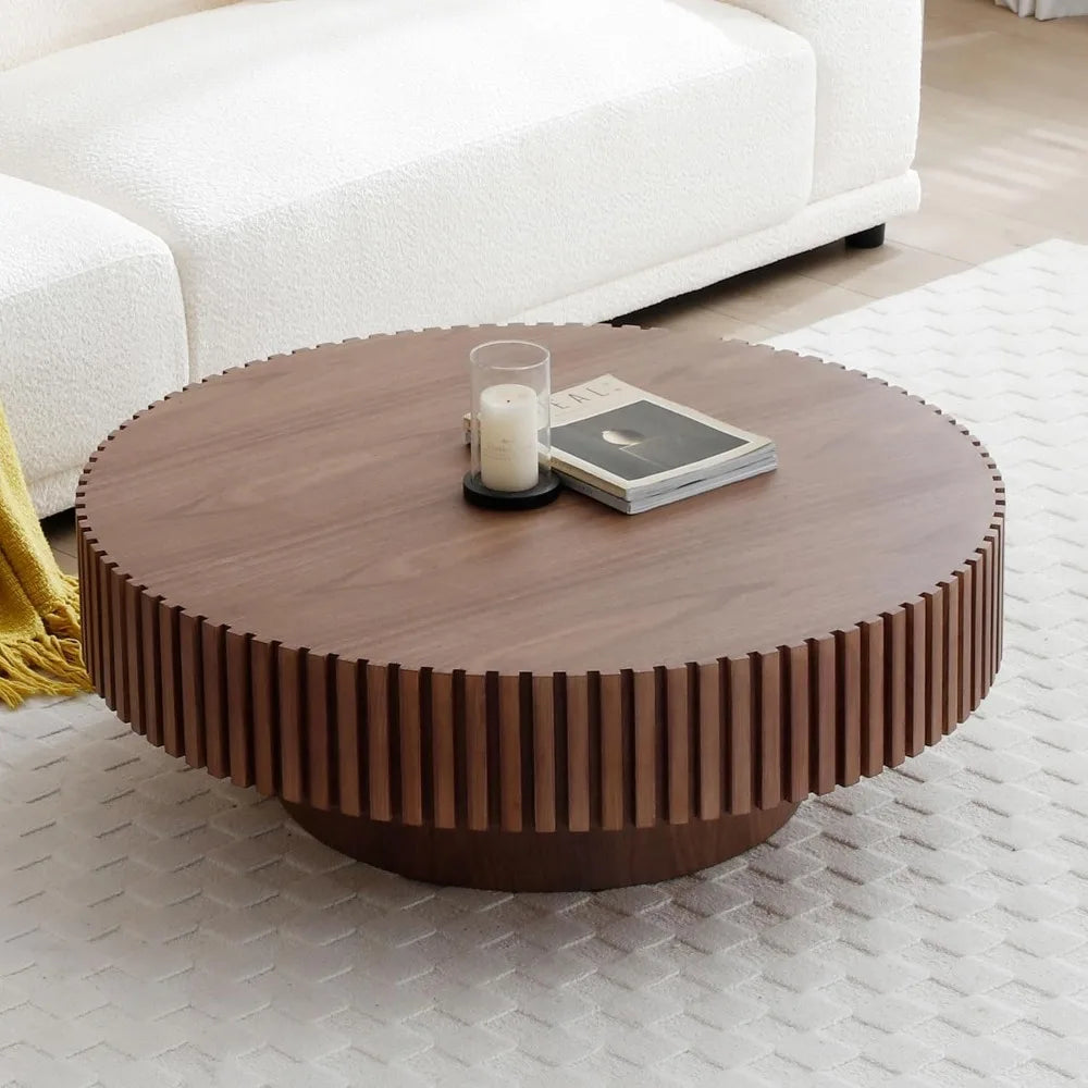 Round Modern Fluted Walnut Coffee Table, Unique Tea Table, Contemporary Drum Circle Accent Center Table for Living Room