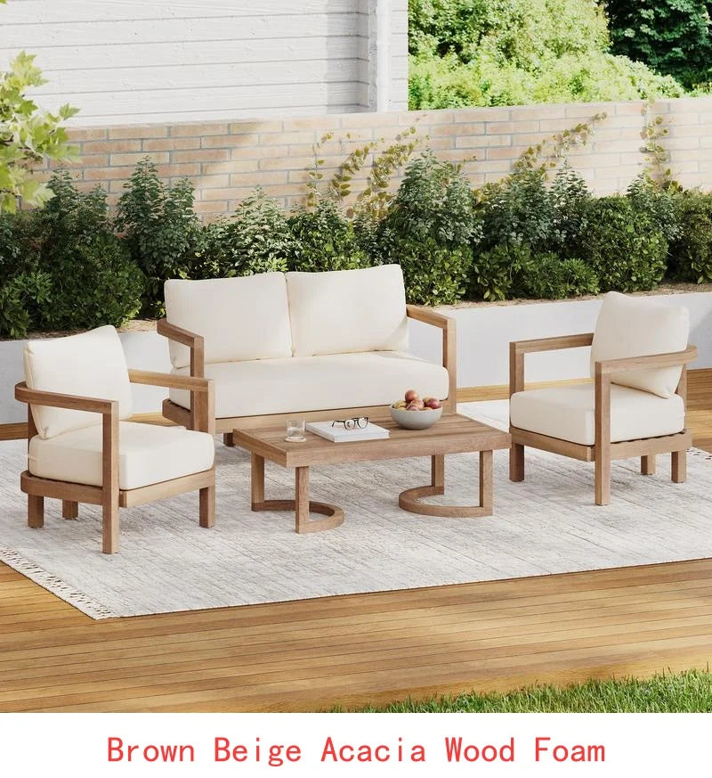4-Piece Acacia Outdoor Furniture Set, Deep Seating Patio Conversation Set with Coffee Table and Soft Cushions, Ideal for