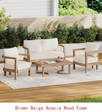 4-Piece Acacia Outdoor Furniture Set, Deep Seating Patio Conversation Set with Coffee Table and Soft Cushions, Ideal for