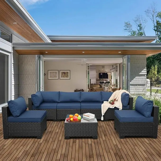 black rattan outdoor 7-piece wicker furniture set with navy blue washable cushions for patio sectional sofa