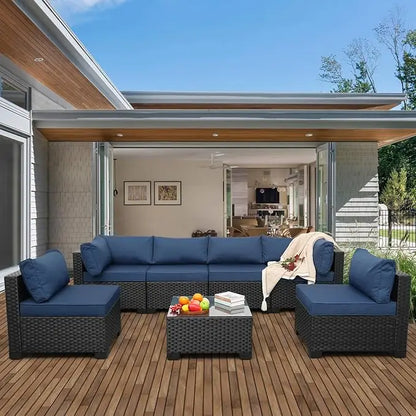 black rattan outdoor 7-piece wicker furniture set with navy blue washable cushions for patio sectional sofa