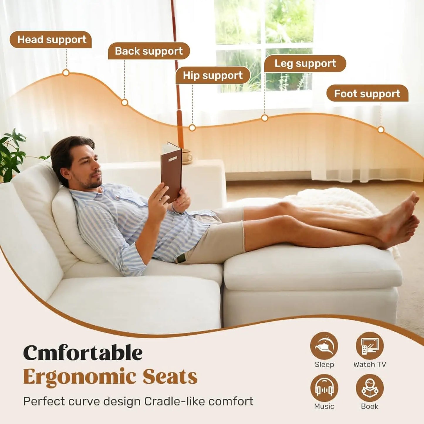 144" Cloud Sectional Couches for Living Room, Convertible U-Shape Couch with Ottoman, 6 Seater Modular Sectional Sofa,Beige