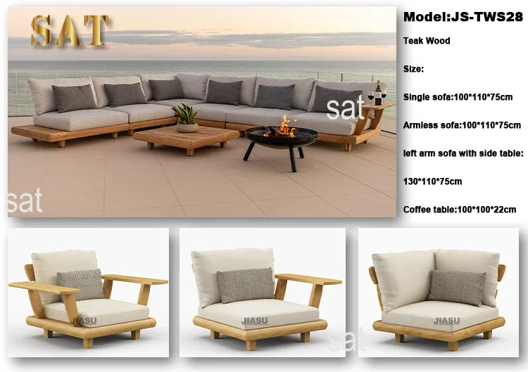 -Hotel Modern Sofa Set Garden Teak Outdoor Furniture Aluminum Wood Terrace Outdoor Sofa Combination Teak Luxury Garden Sofa Set
