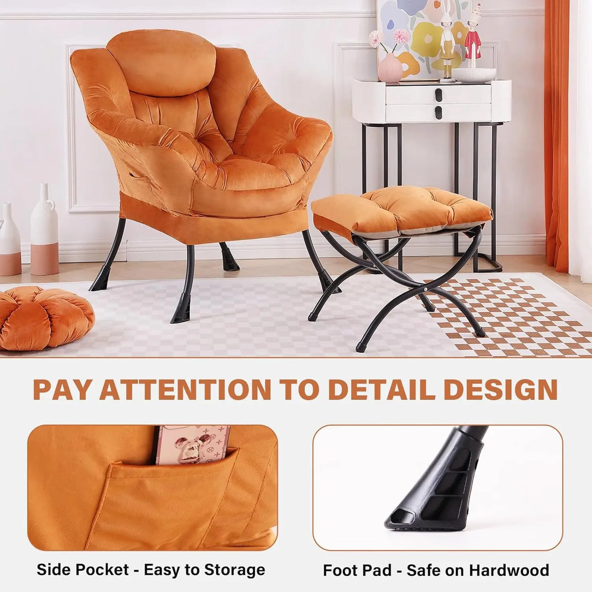 Modern Velvet Lounge Chair with Ottoman, Comfy Reading Armchair for Living Room Bedroom Dorm Garden