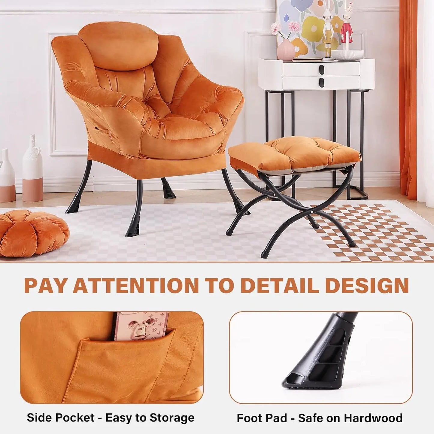Modern Velvet Lounge Chair with Ottoman, Comfy Reading Armchair for Living Room Bedroom Dorm Garden