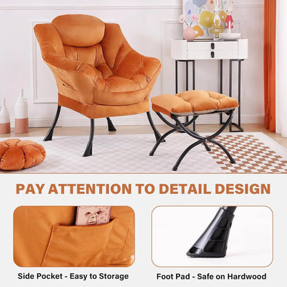 Modern Velvet Lounge Chair with Ottoman, Comfy Reading Armchair for Living Room Bedroom Dorm Garden