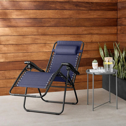 Outdoor Patio Zero Gravity Lounge Chair with Pillow, Folding Reclining Adjustable, Blue 26"