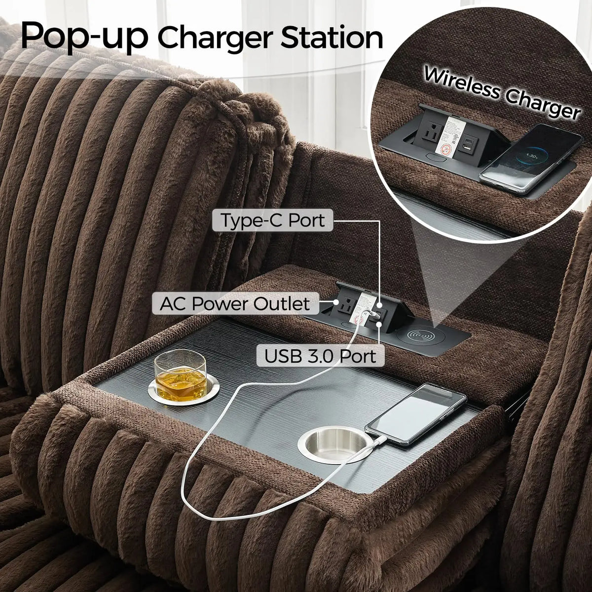6 - Seater Power Reclining Living Room Sectional Sofa with Wireless Charger, Plush Faux Fur Couch with 2 Recliner