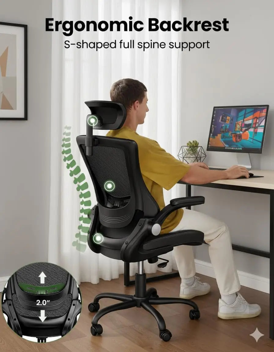 Ergonomic Office Chair with Mesh Back, Adjustable Lumbar Support & Flip-up Armrests – Bright Black