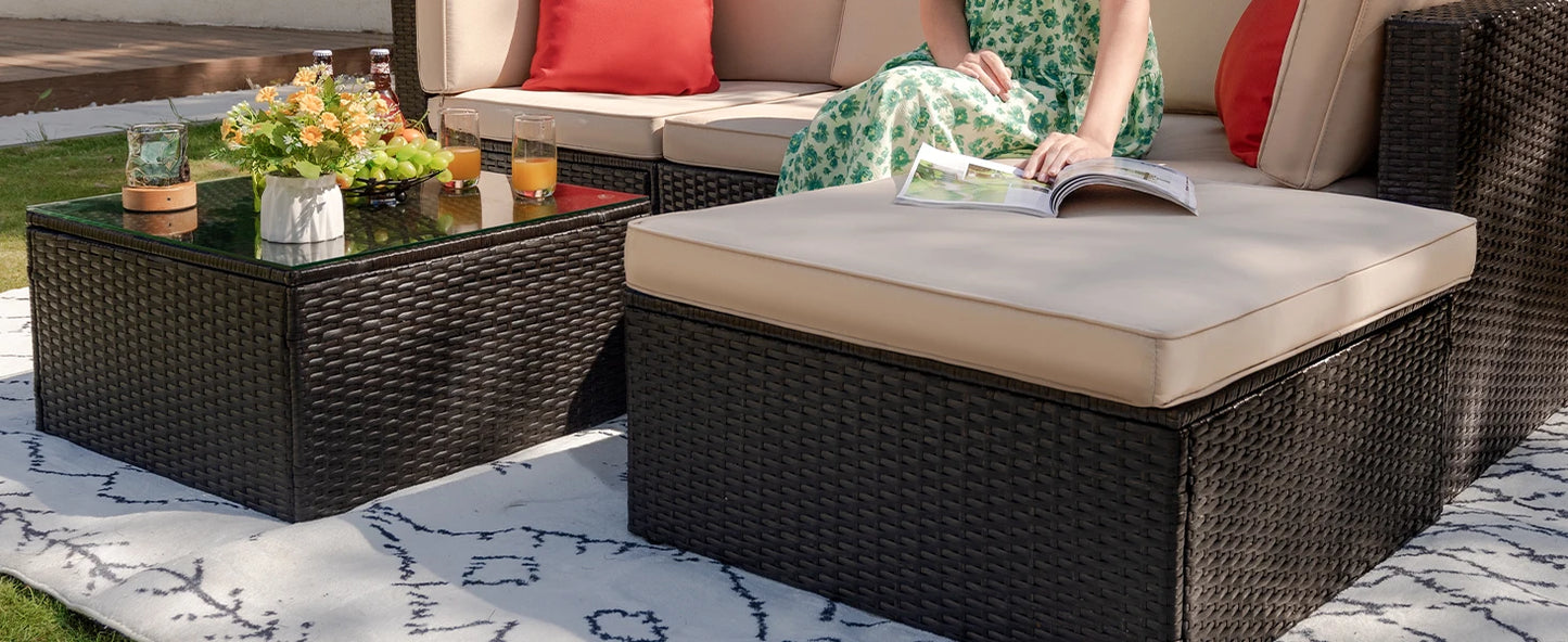 ts All Weather Outdoor Sectional Patio Sofa Manual Weaving Wicker Rattan Patio Seating Sofas with Cushion and Glass Table (Beige