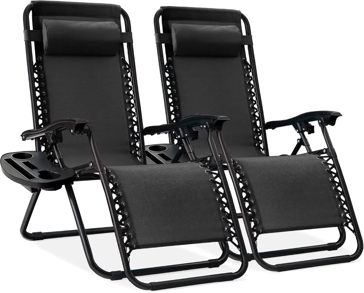 Two-Piece Adjustable Steel Mesh Zero Gravity Lounge Chair Recliner, with Pillow and Cup Holder Tray, Black