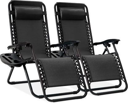 Two-Piece Adjustable Steel Mesh Zero Gravity Lounge Chair Recliner, with Pillow and Cup Holder Tray, Black