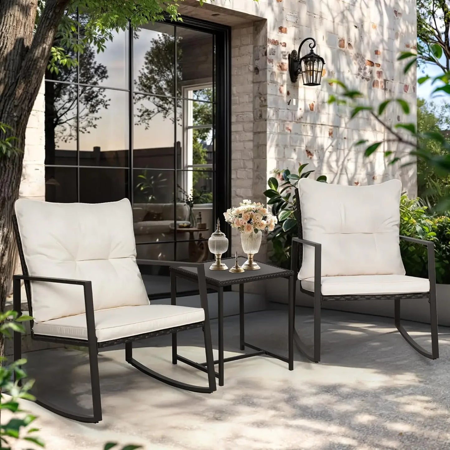 Curated Design 3 Piece Outdoor Rocking Bistro Set Black Wicker Furniture Porch Chairs Conversation Sets with Glass Coffee Tab