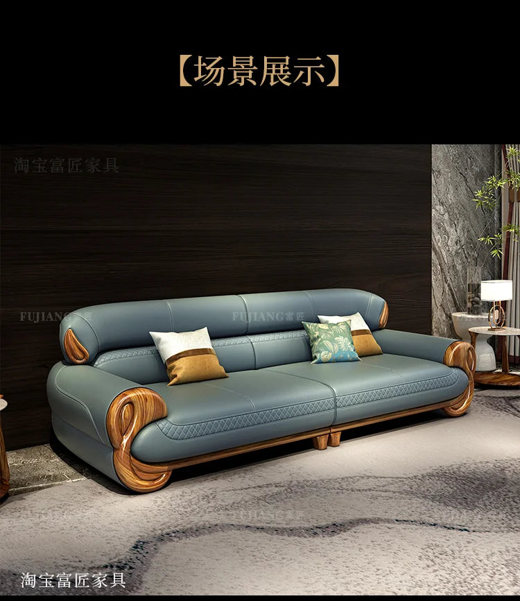 Ebony leather sofa new Chinese modern light luxury high-end small apartment straight row  FT