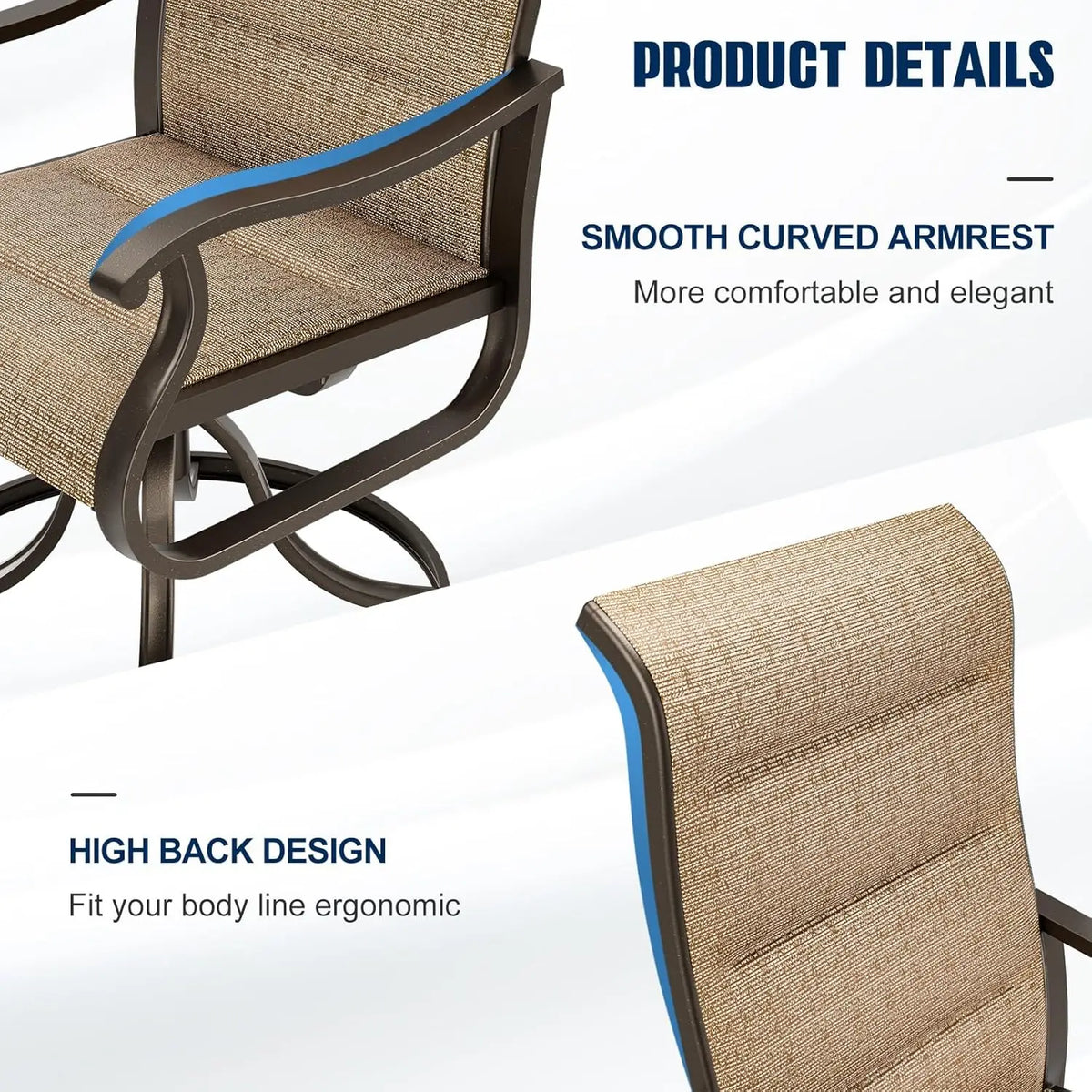 Patio Swivel Chairs Set of 2, Outdoor Dining Chairs High Back with Padded All Weather Breathable Textilene, Customized