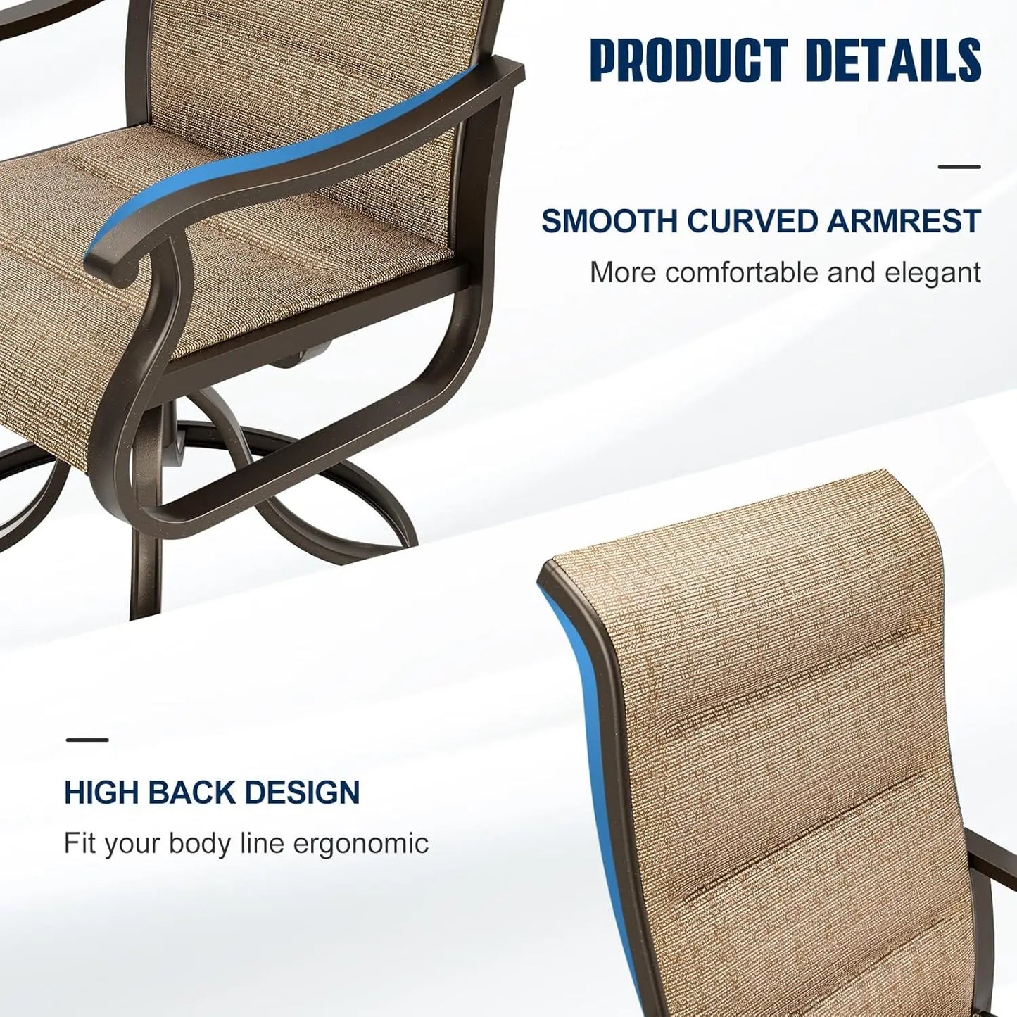 Patio Swivel Chairs Set of 2, Outdoor Dining Chairs High Back with Padded All Weather Breathable Textilene, Customized