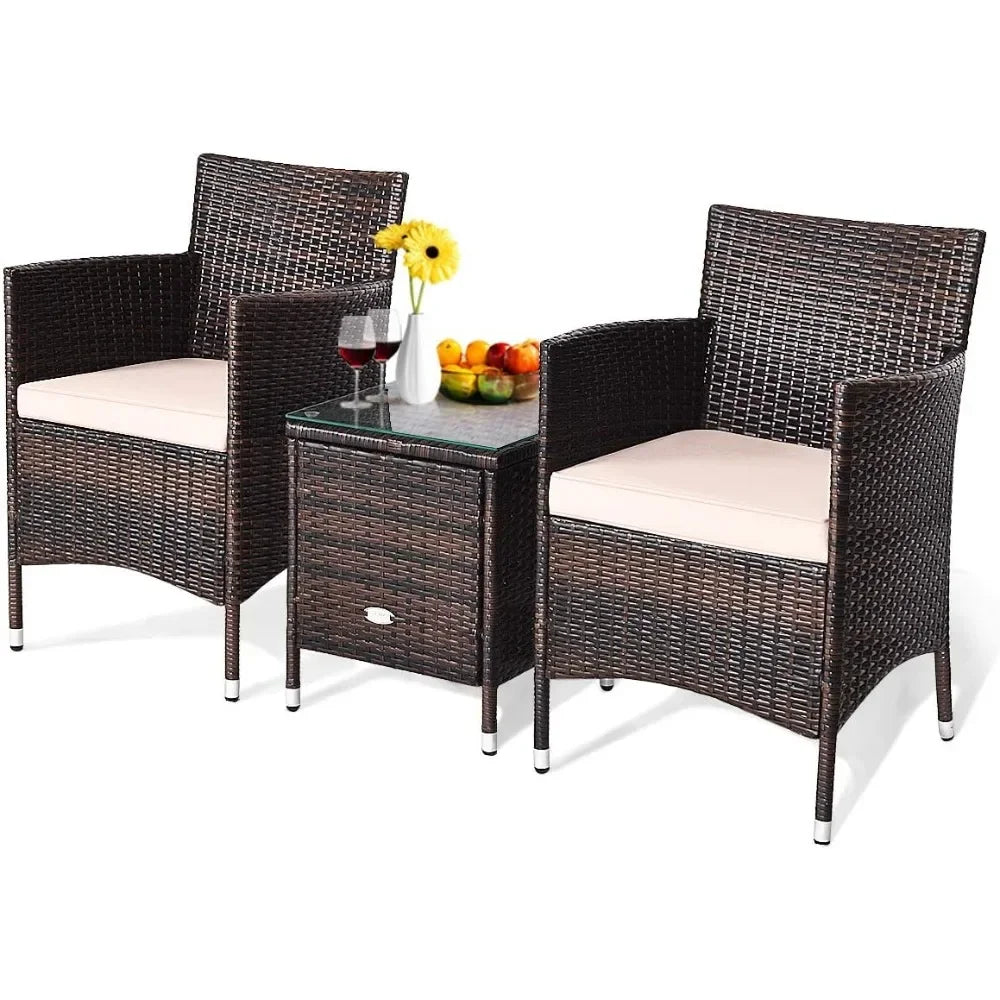 3 Piece Patio Set Wicker Rattan Furniture Set Outdoor Rattan Conversation Set with Coffee Table Chairs & Thick Cushio