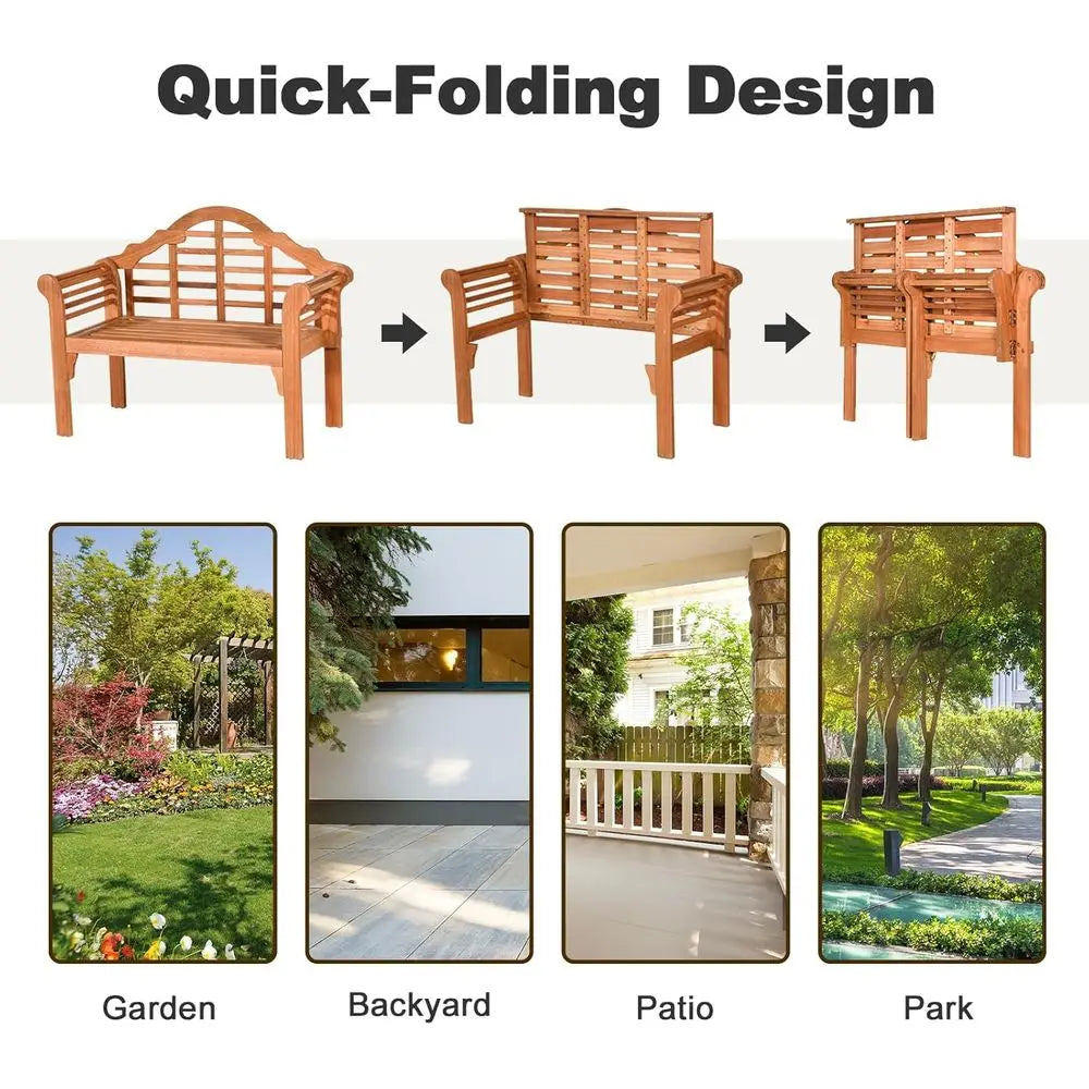 Giantex Outdoor Wood Bench, 4 Ft Foldable Eucalyptus Garden Bench, Two Person Loveseat Chair Solid with Curved Backrest and Armr