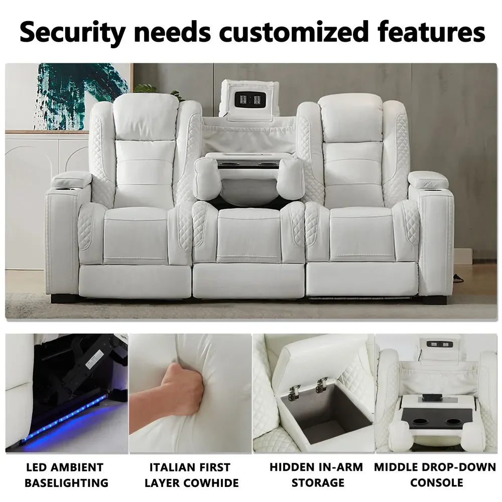 Furniture Smart Home Electric Power Recliner Genuine Leather VIP Home Theater Sofa For Bedroom & Living Room USB LED Cool Cup