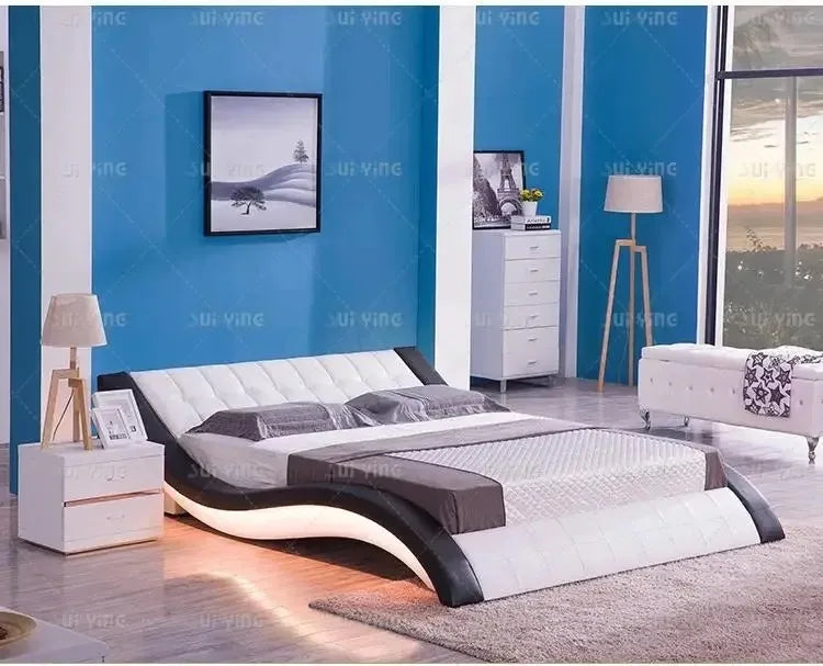 Leather Bed Furniture Master Bedroom Double Bed, Nordic, Simple Multifunctional Soft Bag Bed Smart Bed With LED Light Outlet