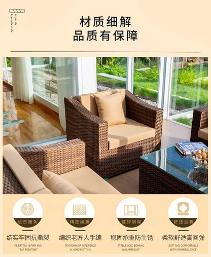 Outdoor rattan sofa combination courtyard terrace  waterproof sun protection outdoor garden rattan sofa furniture