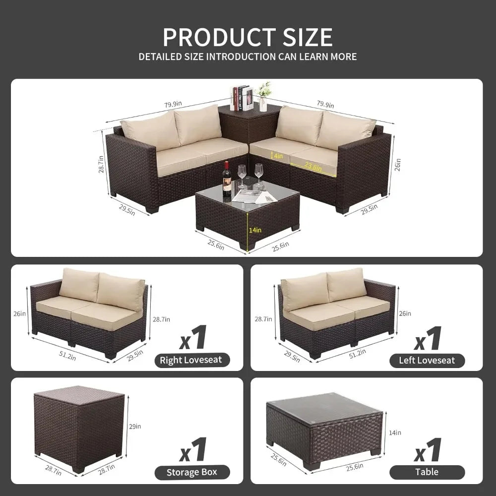 Outdoor Patio Furniture Set 4 Piece， Brown Rattan Sectional Sofa Couch PE Wicker Conversation Sets with Storage Box Glass Top Ta
