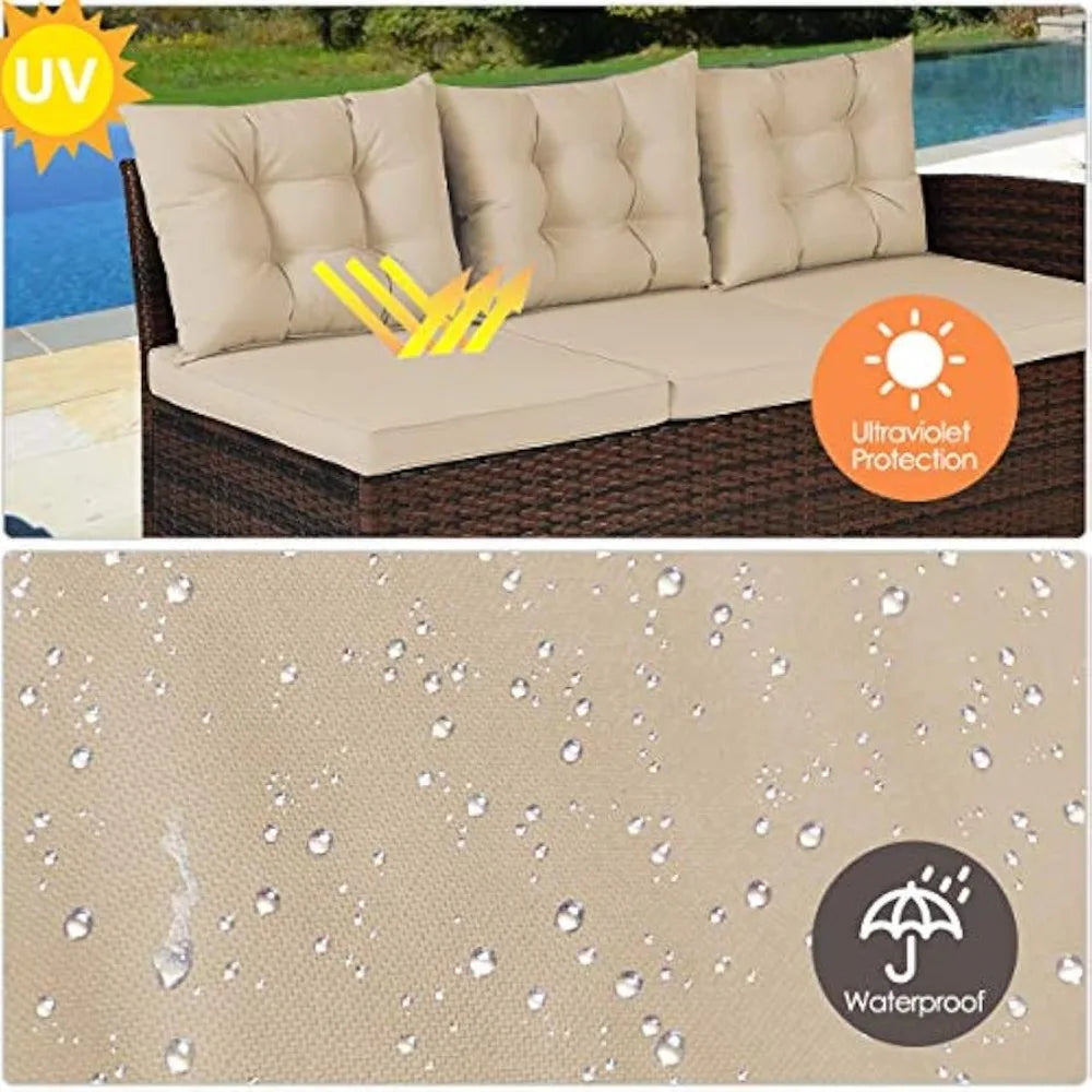 3-Piece Outdoor Patio Furniture Set Rattan Wicker Sofa Set with Seat & Back Cushions, Manual Weaving Conversation Set with Coff