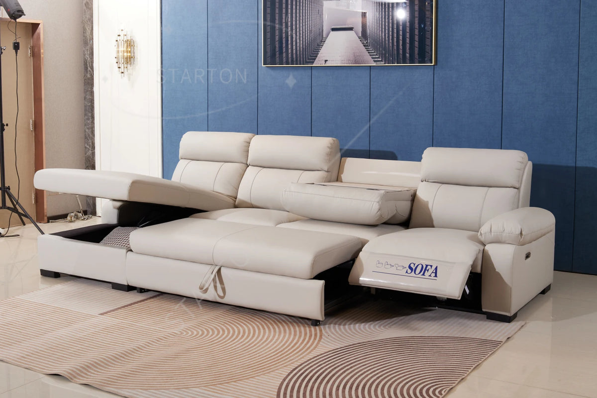 Modern Multi-functional l Shape White Leather Leather Sectional  Foldable Storage and Electric Recliner for Living Room Sofas