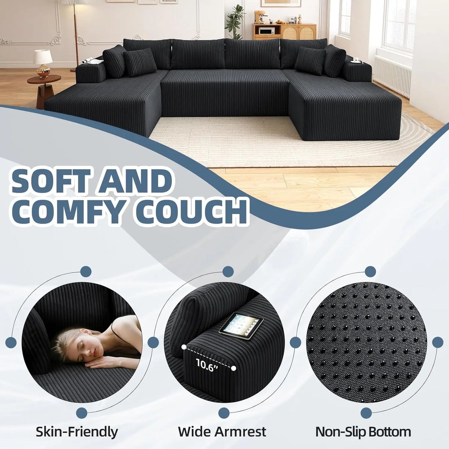 131" Modular Sectional Couch, Luxury Couches for Living Room, Corduroy Sofa with Chaise Lounge Comfy