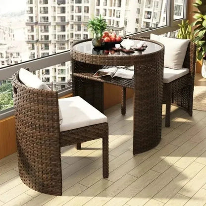 3 Pcs Cushioned Outdoor Wicker Patio Ergonomic Set Outdoor Small Space Furniture