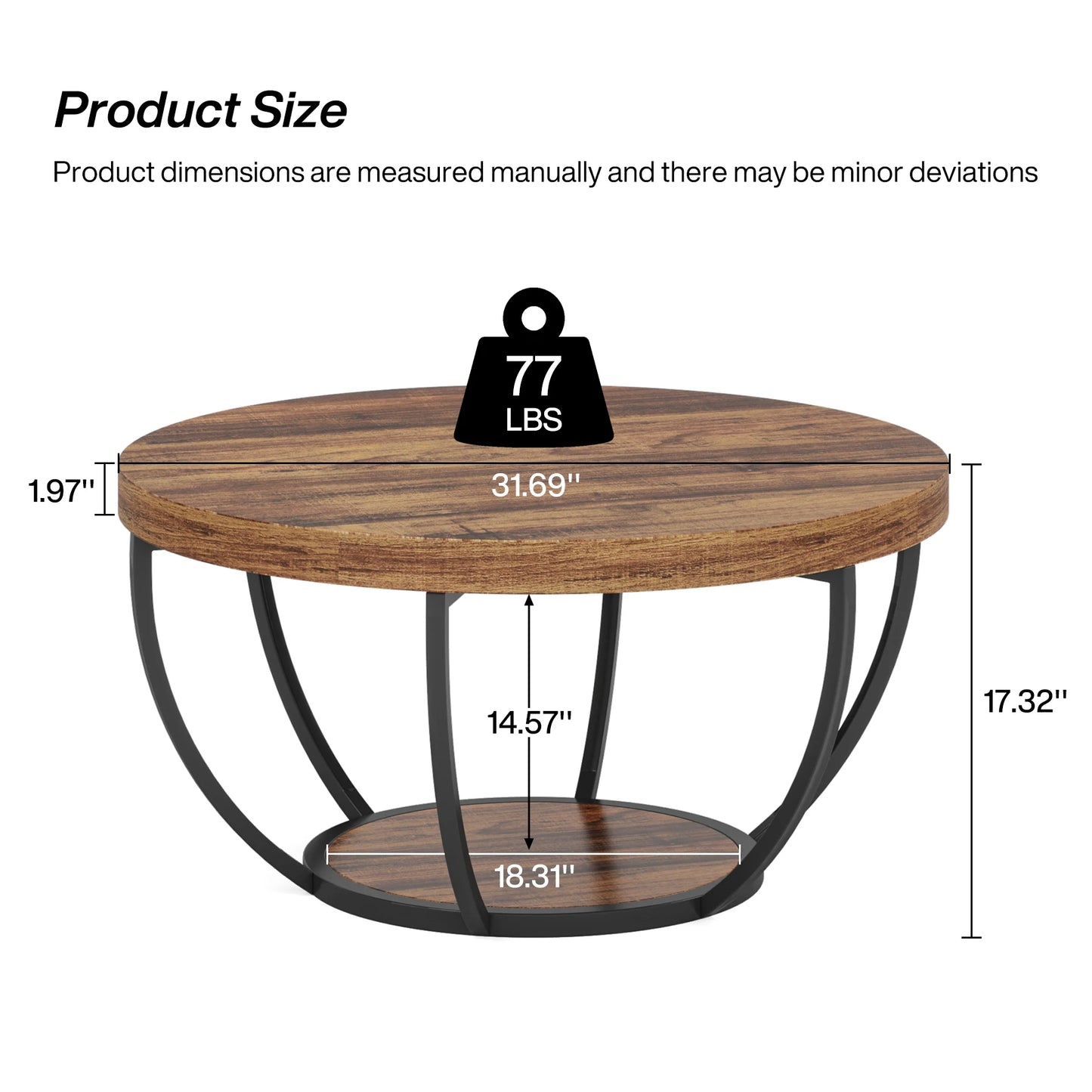 Tribesigns 31.7" Round Coffee Table, Industrial 2-Tier Circle Coffee Table with Storage Shelves, Modern Wooden Sofa Side Table