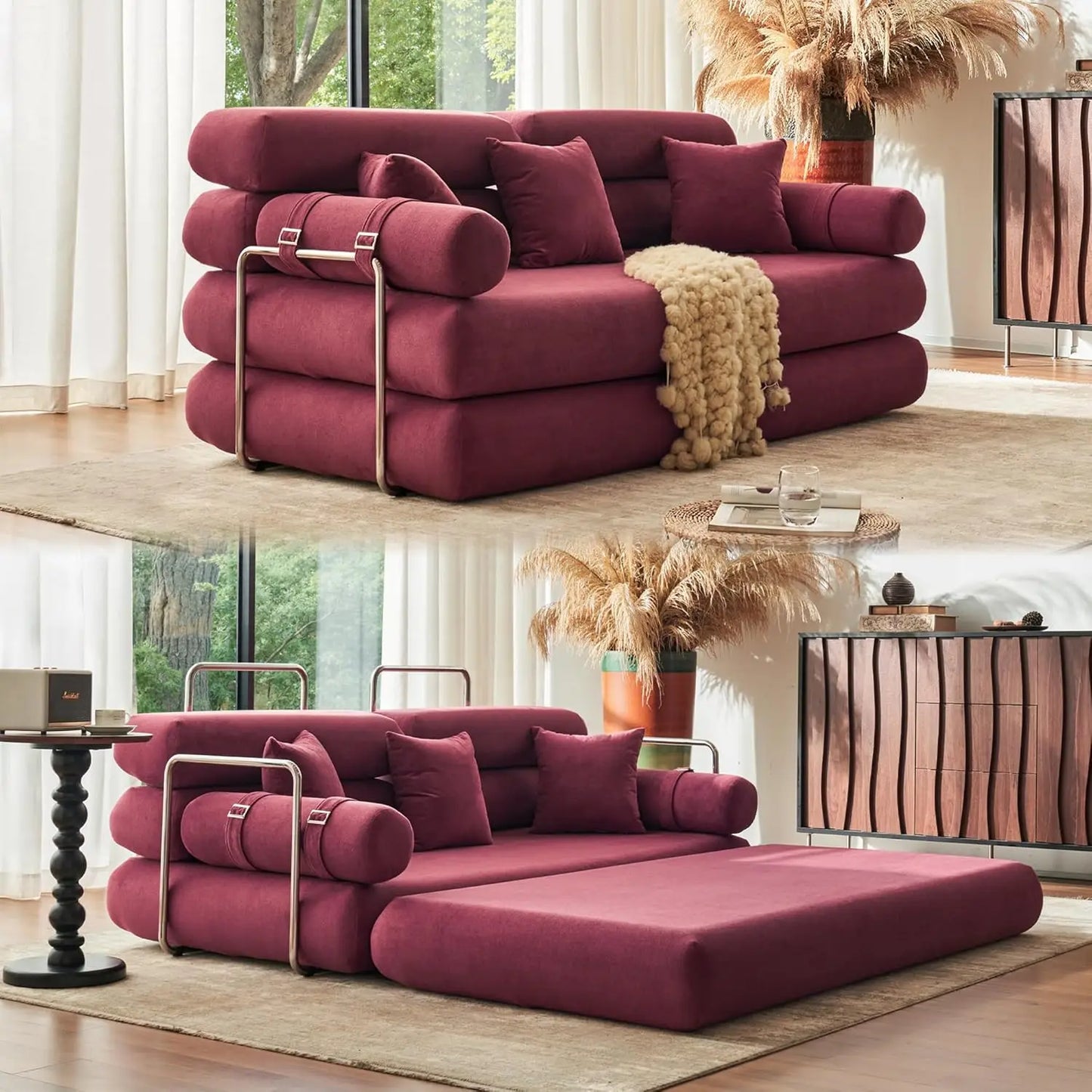 Convertible Sleeper Sofa - 35'' High-Back Floor Couch Bed - Folding Sofa Bed with Rounded Arm Supports - Floor Sofa Lounge
