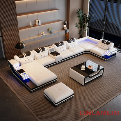 Convertible Genuine Leather Sectional Sofa Bed with Adjustable Headrests, Electric Recliners, Storage, Speakers, USB & LED Light