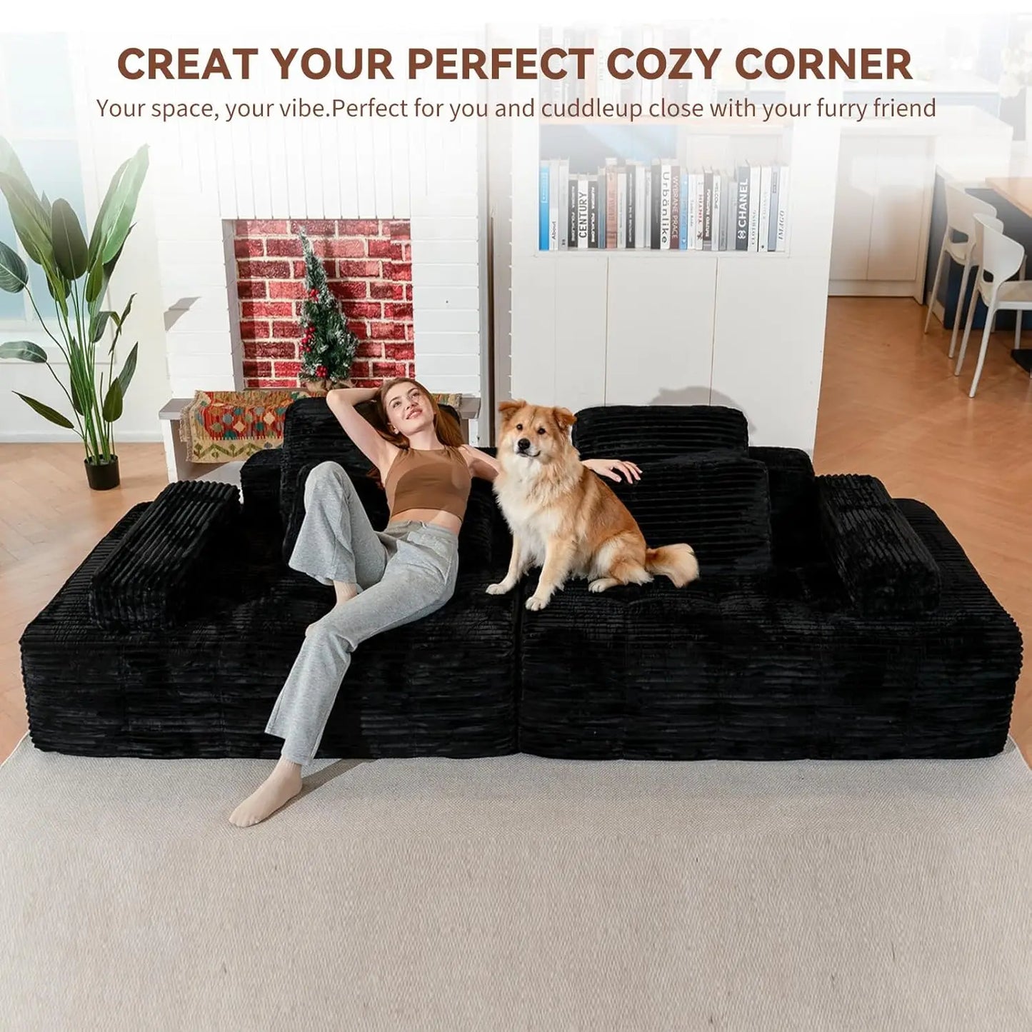113'' Modular Sectional Deep Seat Cloud Chaise Lounge Sofa Luxury Corduroy No Assembly Living Room 4 Seat, Custom