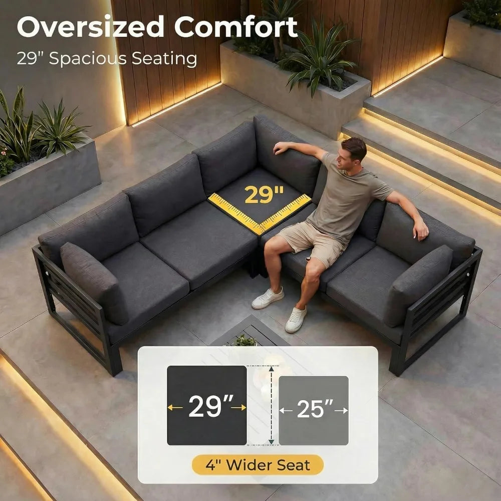 5 Person Luxury Aluminum Outdoor Sectional Sofa with Side Table, Large L Shaped Patio Furniture Set, 29" Deep Wide, Customized