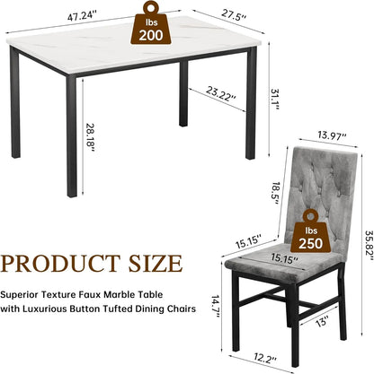 Dining Table Set for 4, Faux Marble Small Kitchen Table Chairs Set of 4 with Luxurious Button Tufted Dinner Chairs