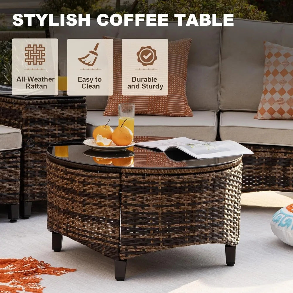 PatioLix 9 Piece Outdoor Patio Furniture Set, Half-Moon Curved Sectional Sofa Rattan Conversation Set with Wood Armrests, Coffee Table