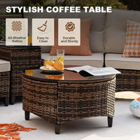 PatioLix 9 Piece Outdoor Patio Furniture Set, Half-Moon Curved Sectional Sofa Rattan Conversation Set with Wood Armrests, Coffee Table