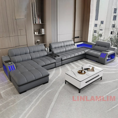 Modern Sectional Sofa Bed with LED Light, Electric Recliner and Massage | Living Room Genuine Leather Couch with Cup Holder, USB