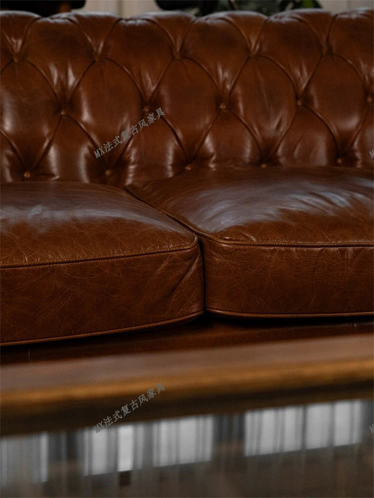 French vintage style button-tufted sofa, classic American cigar bar Burton sofa, mid-century whiskey straight-line sofa